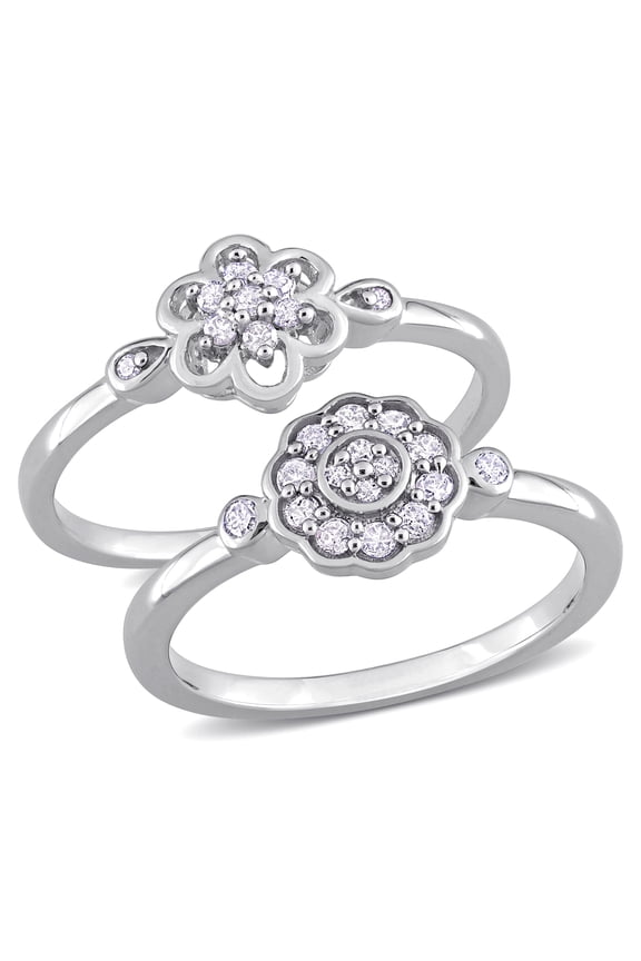 Women's 3/10ct TW Diamond Two-Tone Sterling Silver Flower 2-Pc Ring Set