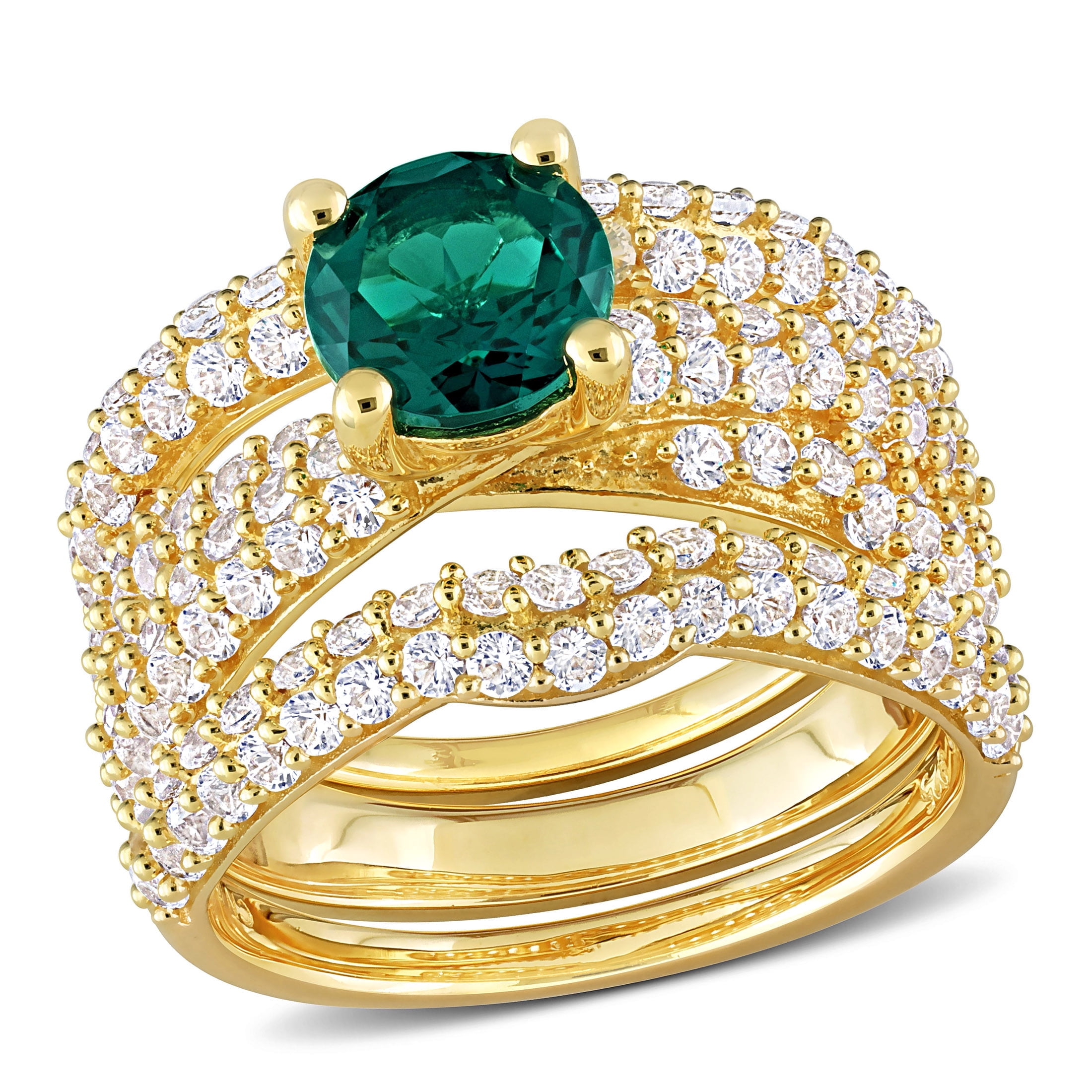 Everly Women's Created Sapphire Created Emerald Yellow Gold Plated Bridal Set