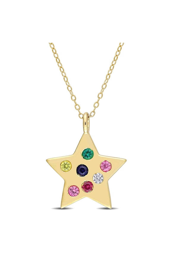 Women's .6CT TGW Created Emerald, Created White, Pink, Yellow, and Blue Sapphire, Created Ruby Yellow Gold Plated Pendant