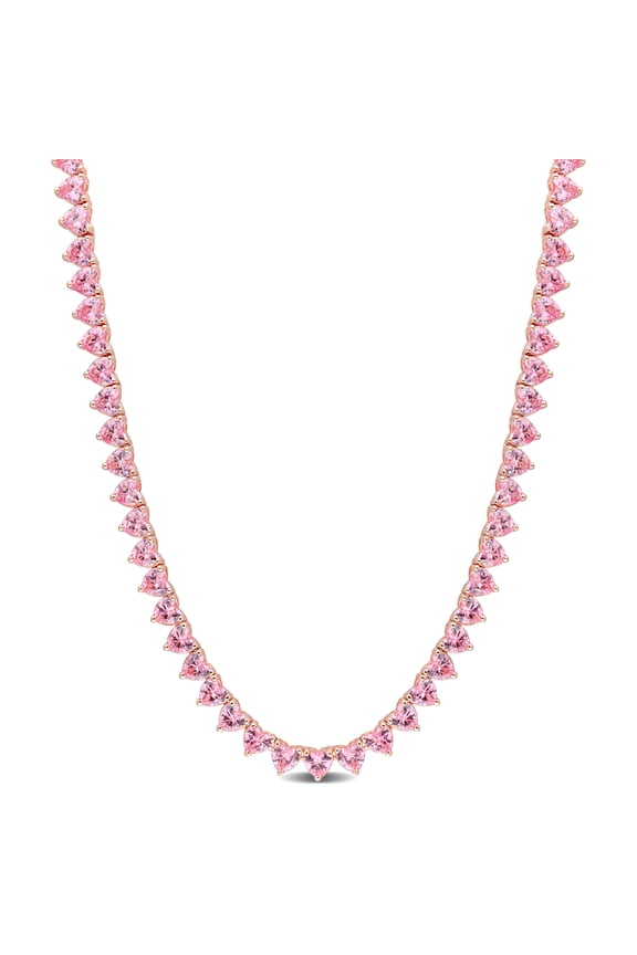 Women's 31 1/5ct TGW Created Pink Sapphire Rose Silver Heart Tennis Necklace