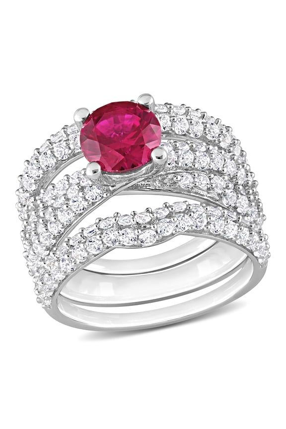 Women's Created Sapphire Created Ruby Sterling Silver Bridal Set