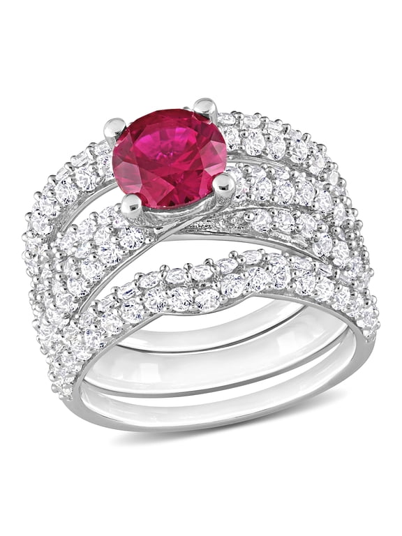 Women's Created Sapphire Created Ruby Sterling Silver Bridal Set