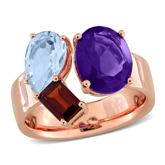 Everly Women's 4 3/4ct TGW African-Amethyst Sky Blue Topaz and Garnet Rose Silver 3-Stone Open Ring