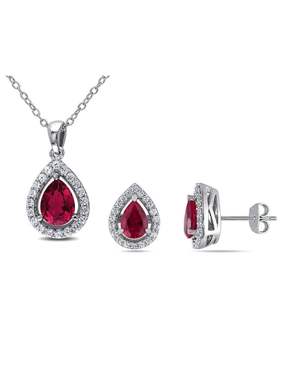 Everly Women's 4 7/8 Carat T.G.W. Pear-Cut Created Ruby & White Sapphire Sterling Silver 2pc Set Chain & Earrings with 3-Prong/Shared Prong Setting and Spring Ring Clasp and Silver Butterfly Closures