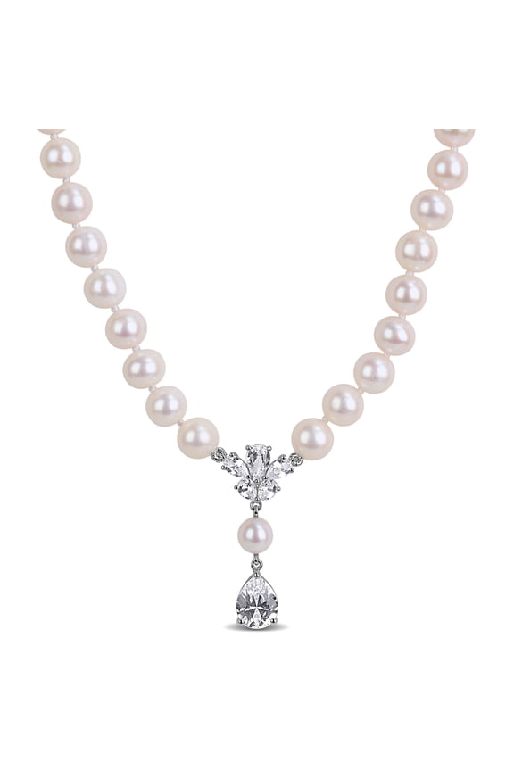 Women's 4-7mm White Cultured Freshwater Pearl 4 1/2ct TGW Created White Sapphire Drop Necklace in Sterling Silver