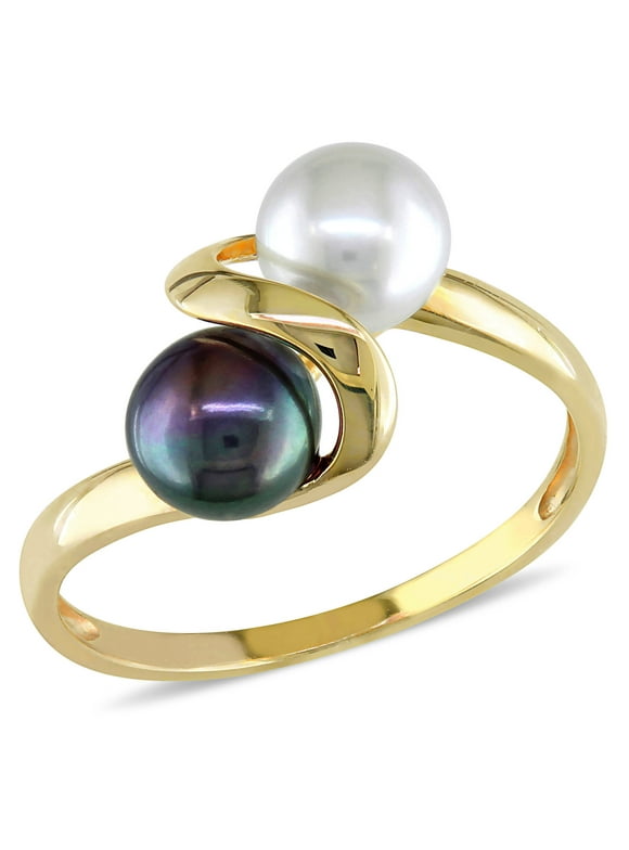 Everly Women's 5.5-6mm Button-Shape White and Black Cultured Freshwater 10kt Yellow Gold Pearl Cocktail Ring