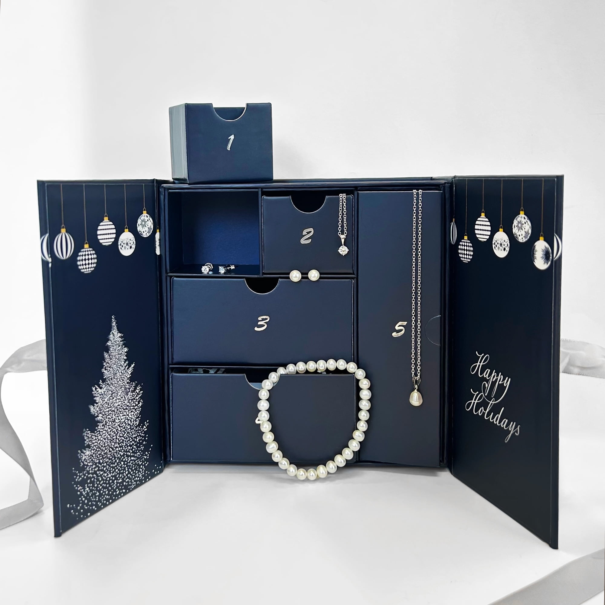 Everly Women's 5-Piece Advent Calendar Assorted Pearl & Cubic Zirconia Jewelry Gift Set – Silvertone Earrings, Pendants & 7.5” Elastic Pearl Bracelet in Gift Box