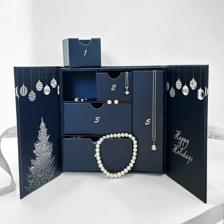 Everly Women's 5-Piece Advent Calendar Assorted Pearl & Cubic Zirconia Jewelry Gift Set – Silvertone Earrings, Pendants & 7.5” Elastic Pearl Bracelet in Gift Box