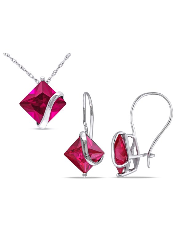 Women's Created Ruby 10k White Gold Jewelry Set