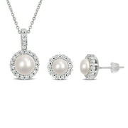EVERLY Women's 7.5-9mm Cultured Freshwater Pearl Brass Halo Pendant and Stud Earrings Set