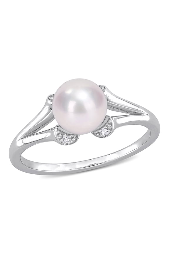 Women's 7-7.5mm White Cultured Freshwater Pearl and Created White Sapphire Split Shank Ring with 4-Prong Setting in Sterling Silver