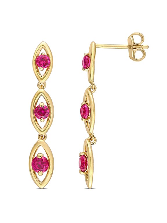 Women's Created Ruby Yellow Gold Plated Earrings