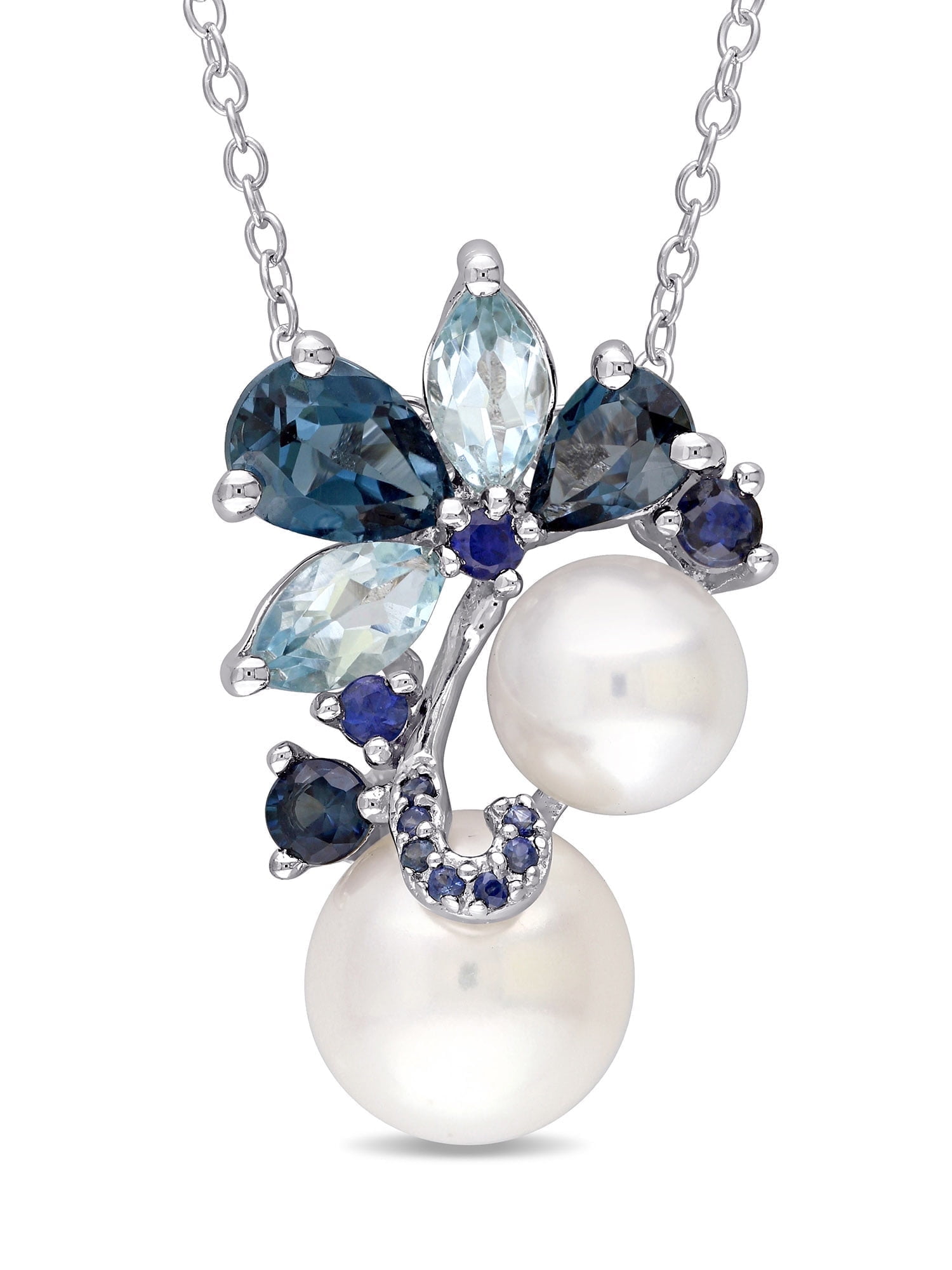 EVERLY Women's Cultured Pearl and Topaz and Sapphire Sterling Silver Necklace