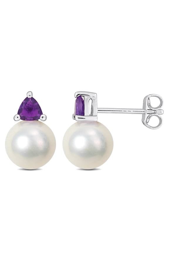 Women's 8-8.5mm Freshwater Cultured Pearl and 3/8ct Amethyst Sterling Silver Drop Earrings
