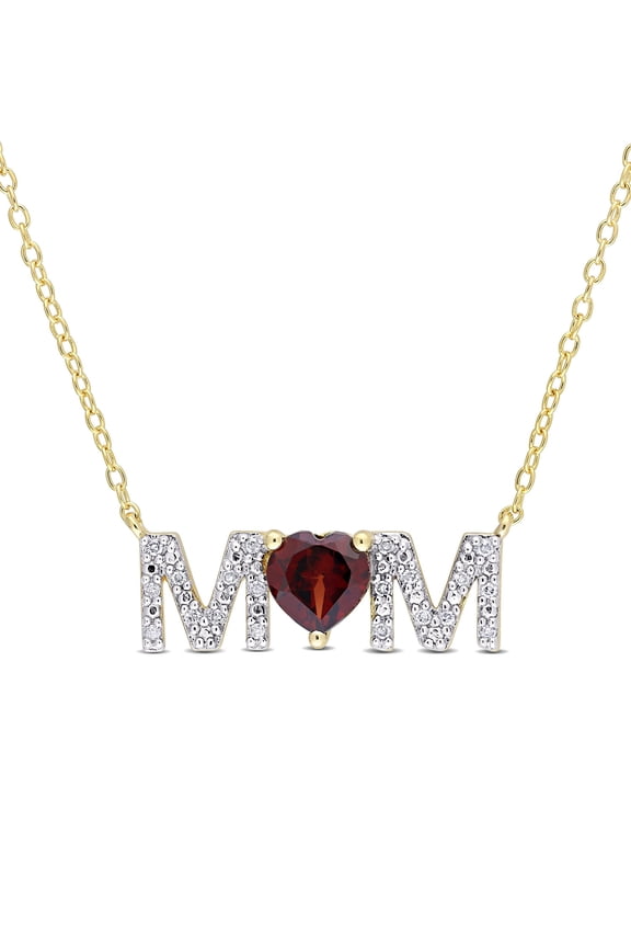 Women's 0.85 Carat T.G.W. Garnet and 0.10 Carat T.W. Diamond Yellow Rhodium-Plated Sterling Silver MOM Necklace