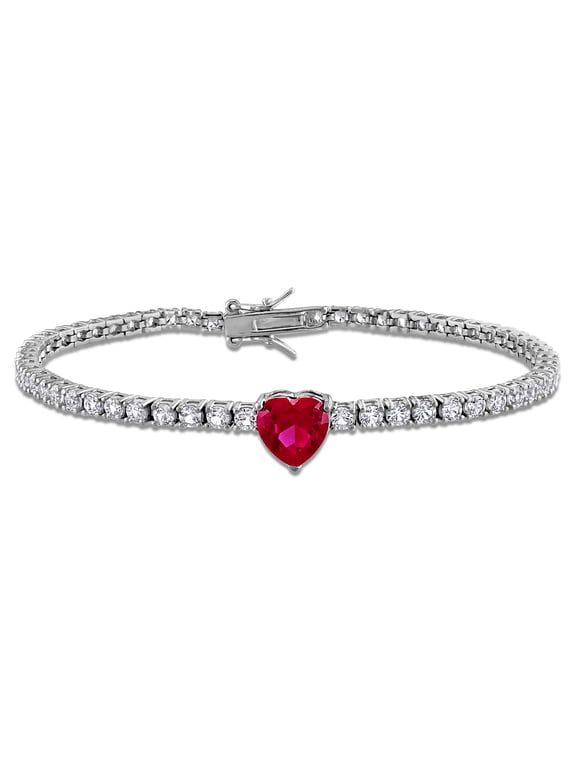 Women's 8ct TGW Created Ruby & Created White Sapphire Sterling Silver Heart Tennis Bracelet