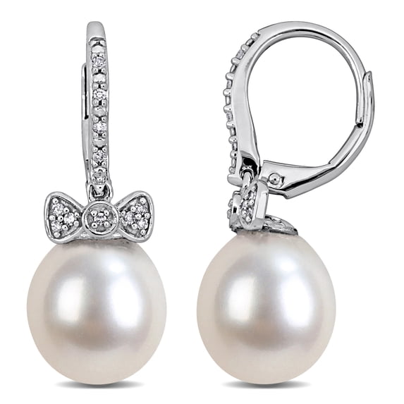 Everly Women's 9-10mm White South Sea Cultured Pearl 1/10ct Diamond Bow Drop Earrings in 14k White Gold