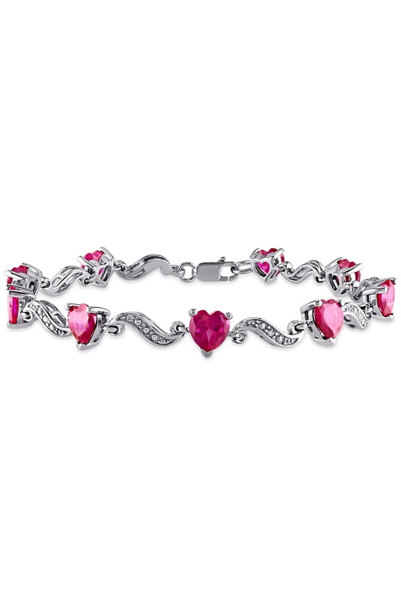 Women's 9 1/10ct TGW Created Ruby and Diamond-Accent Sterling Silver Heart Bracelet - G-H, I3