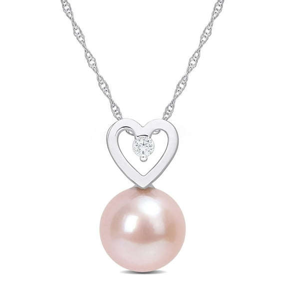 Everly Women's 9.5-10mm Pink Freshwater Cultured Pearl and Diamond Accent 10kt White Gold Heart Drop Pendant