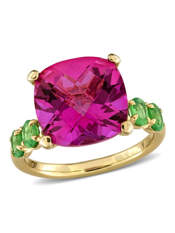 Women's 9ct TGW Pink Topaz and Tsavorite Yellow Silver Cocktail Ring