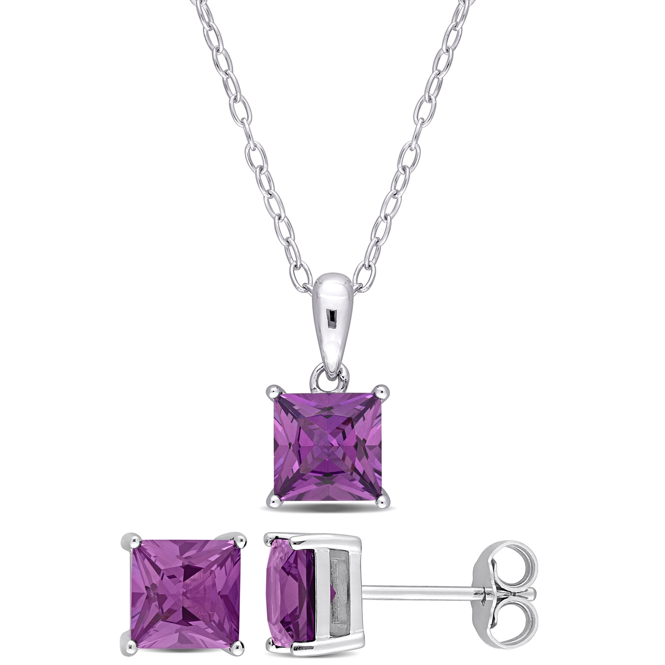 Everly Women's 3 Carat T.G.W. Princess-Cut Simulated Alexandrite Sterling Silver 2-Piece Solitaire Pendant and Stud Earrings Set