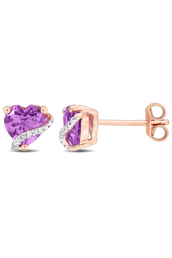 Women's 1 1/10ct TGW Heart-Shaped Amethyst & Diamond Accent Rose Plated Silver Stud Earrings