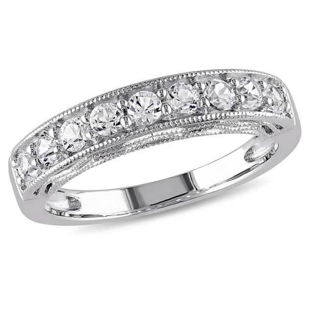 Everly Women's Anniversary Bridal 4/5 CT T.G.W. Round-Cut Created White Sapphire Sterling Silver Semi-Eternity Anniversary Ring with Pave Setting and Milgrain Detail