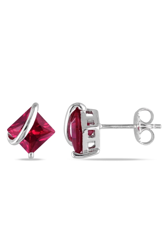 Women's 2 1/3ct TGW Square-Cut Created Ruby Sterling Silver Solitaire Stud Earrings