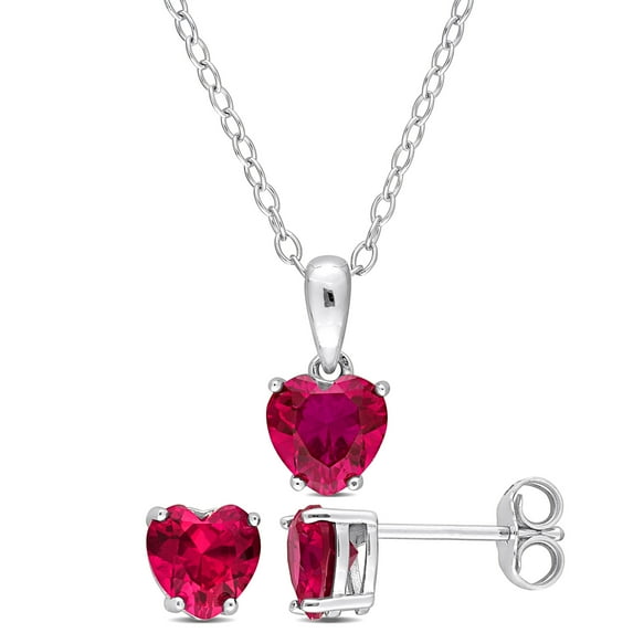 Everly Women's 3 Carat T.G.W. Heart-Cut Created Ruby Sterling Silver 2-Piece Solitaire Pendant and Stud Earrings Set