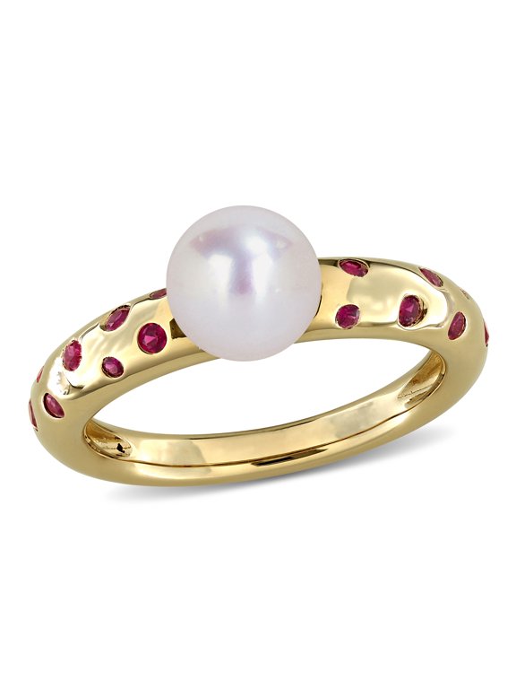 Women’s Created Ruby White Freshwater Pearl 14k Yellow Gold Polka on Band Ring