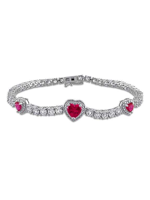 Women's 8 2/5ct TGW Created Ruby & White Sapphire Sterling Silver Halo Heart Tennis Bracelet
