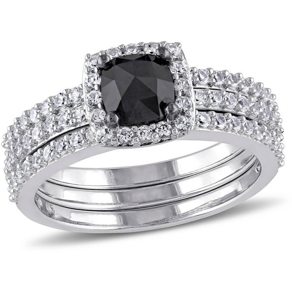 Everly Women's Created Sapphire and Black Diamond 10k White Gold Bridal Set