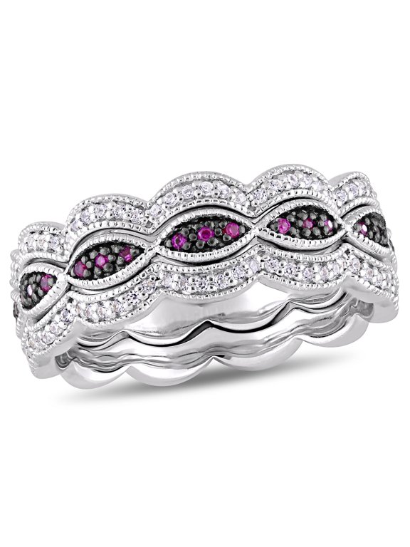 Women's Created Sapphire and Created Ruby Sterling Silver Ring