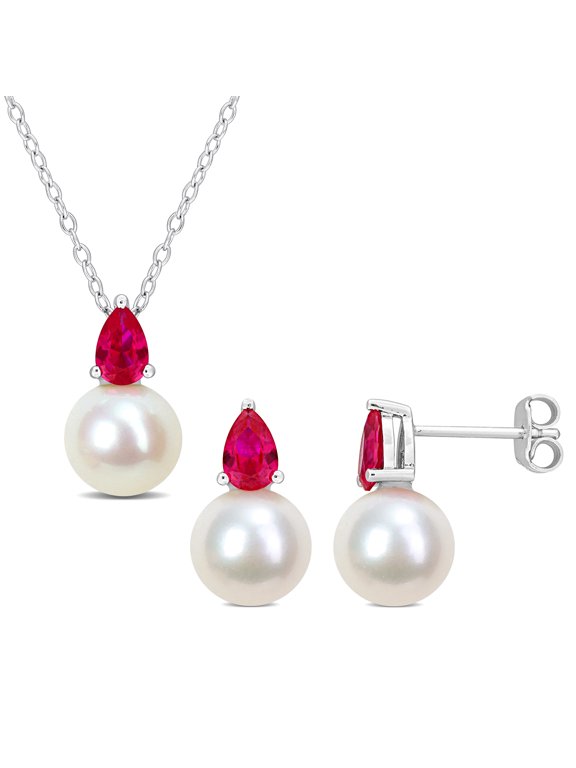 Women's Cultured Freshwater Pearl Created Ruby Sterling Silver Earrings Pendant Set - 18 in