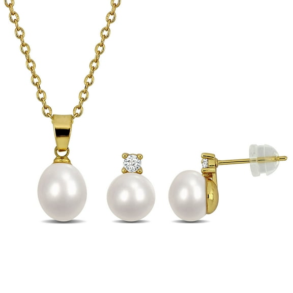 Everly Women's Cultured Freshwater Pearl Yellow Brass Solitaire Pendant and Stud Earrings Set