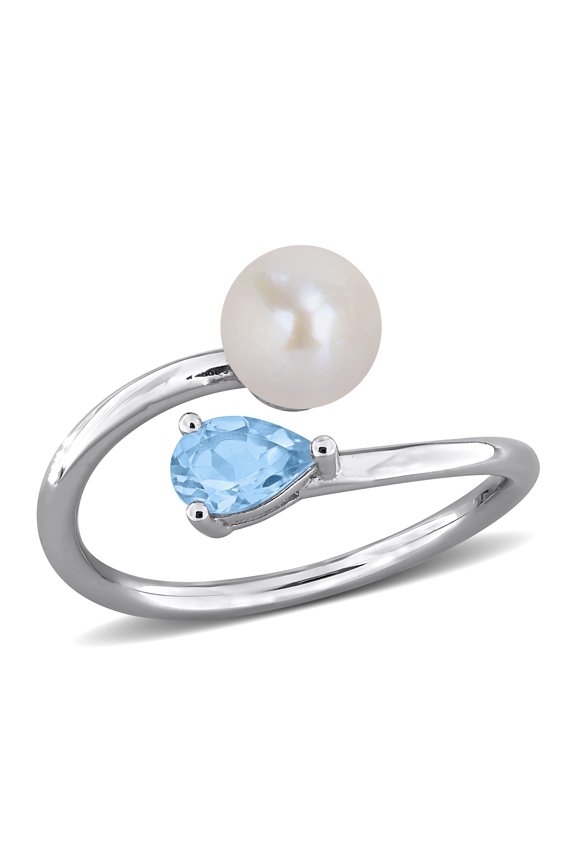 Women's Cultured Freshwater Pearl and 1/2ct TGW Sky Blue Topaz Sterling Silver Open Ring