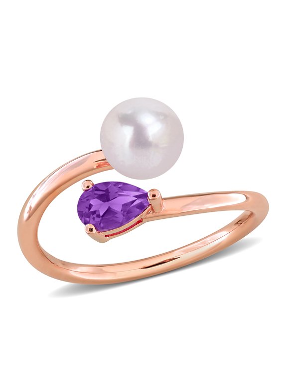 Women's Cultured Freshwater Pearl and 1/3ct TGW Amethyst Rose Silver Open Ring