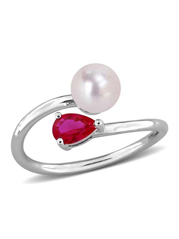 Women's Cultured Freshwater Pearl and 5/8ct TGW Created Ruby Sterling Silver Open Ring