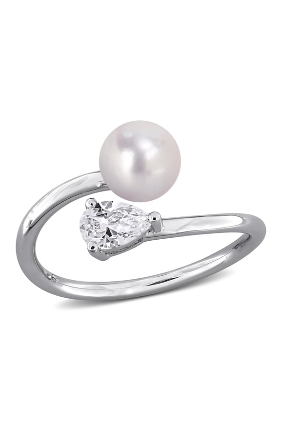Women's Cultured Freshwater Pearl and Created White Sapphire Sterling Silver Open Ring