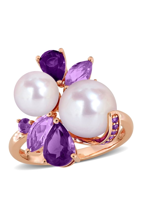 Women's Cultured Freshwater Pearl and Multi-Gemstone Rose Silver Cluster Ring