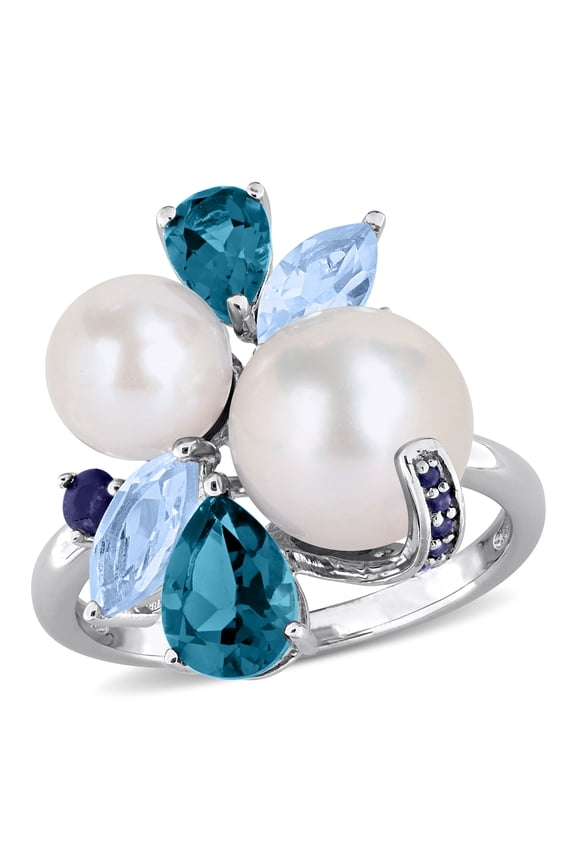 Women's Cultured Freshwater Pearl and Multi-Gemstone Sterling Silver Cluster Ring