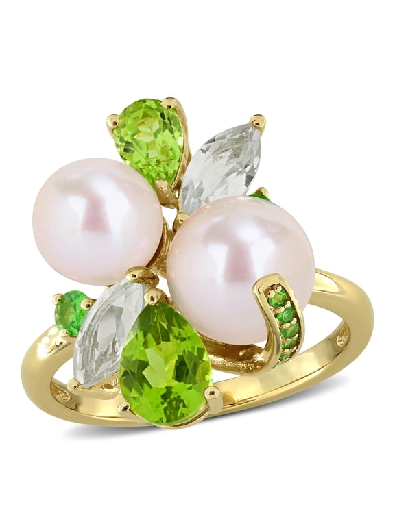 Women's Cultured Freshwater Pearl and Multi-Gemstone Yellow Silver Cluster Ring