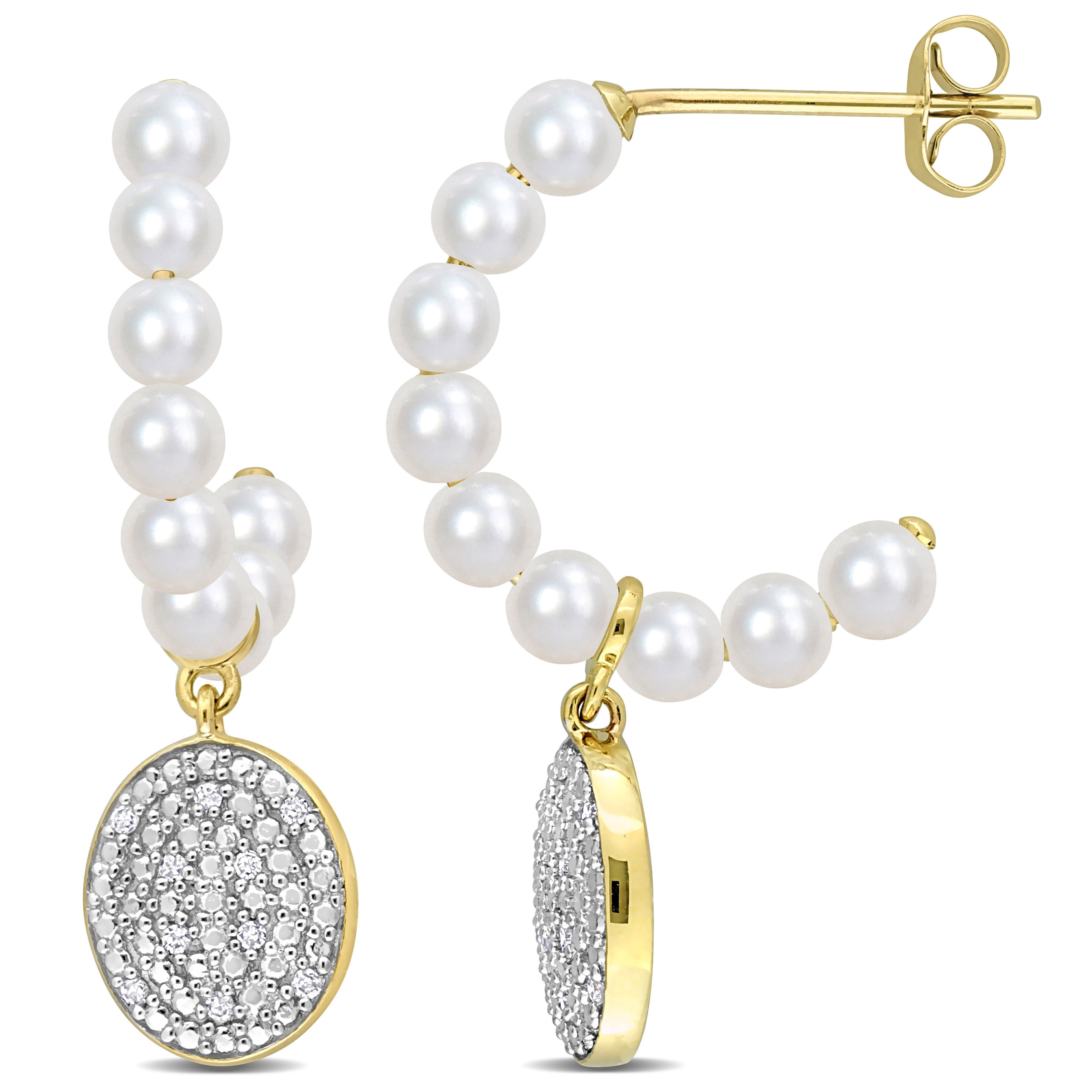 Everly Women's 3.5-4mm Freshwater Pearl Diamond 10kt Yellow Gold Semi-Hoop Drop Earrings