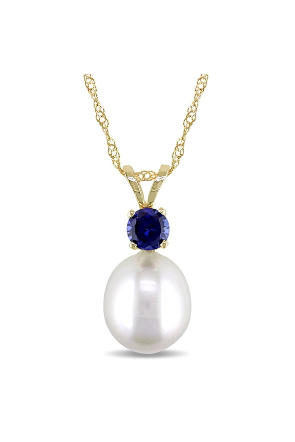 Women's Cultured Freshwater Pearl and Sapphire 14k Yellow Gold Drop Pendant with Chain