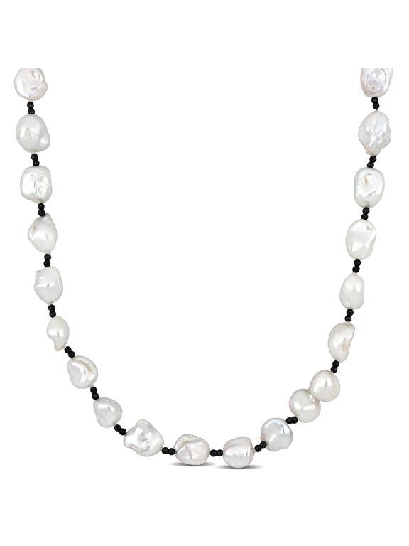 Women's 10-11mm Keshi Pearl and Diamond-Cut Hematite Sterling Silver Endless Necklace