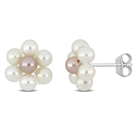 Everly Women’s 3-4mm White Pink Cultured Freshwater Pearl Sterling Silver Flower Stud Earrings