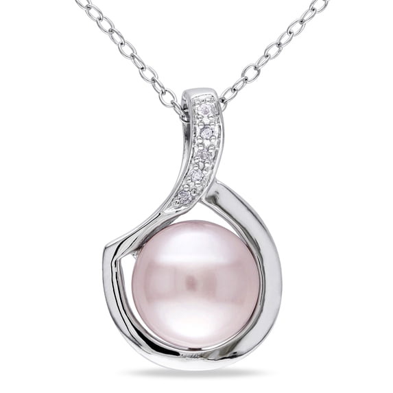 Everly Women's Pink Cultured Freshwater Pearl and Diamond Accent Halo Pendant with Chain