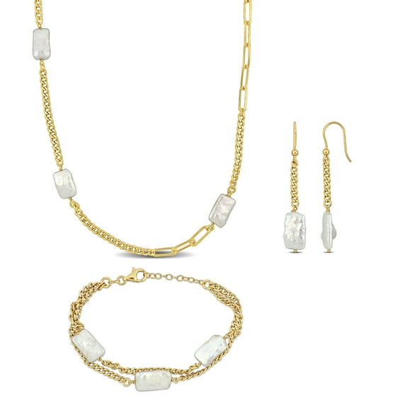 Everly Women's Cultured Pearl Yellow Silver Necklace Bracelet and Earrings Set - 33 in + 7+1 in