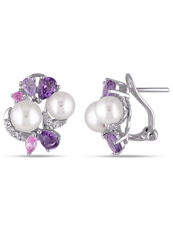 Women's 6.5-8mm Freshwater Cultured Pearl and Multi-Gem Sterling Silver Cluster Earrings