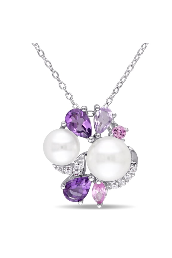 Women's Cultured Freshwater Pearl and Multi-Gemstone Sterling Silver Cluster Pendant with Chain